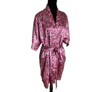 TNL MODE Satin Floral Robe House Coat Pink Red Silky Loungewear Size Medium